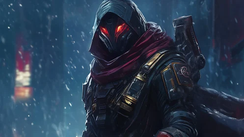 Mysterious cyberpunk sentinel with glowing crimson eyes.