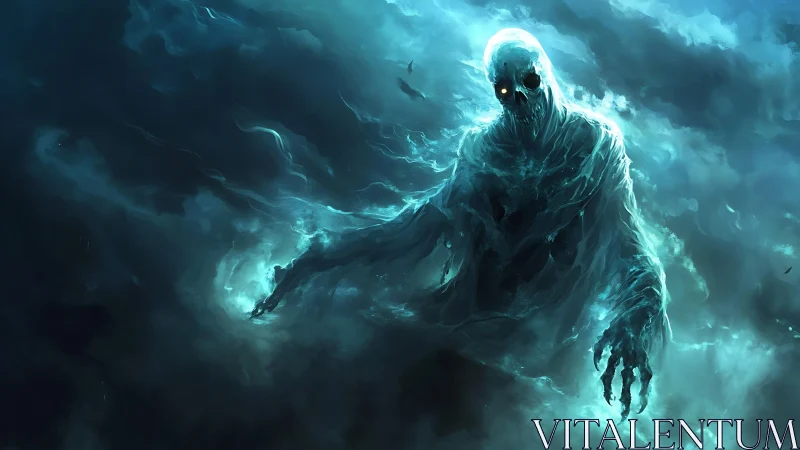 Spectral wraith emerging from swirling cyan stormclouds.