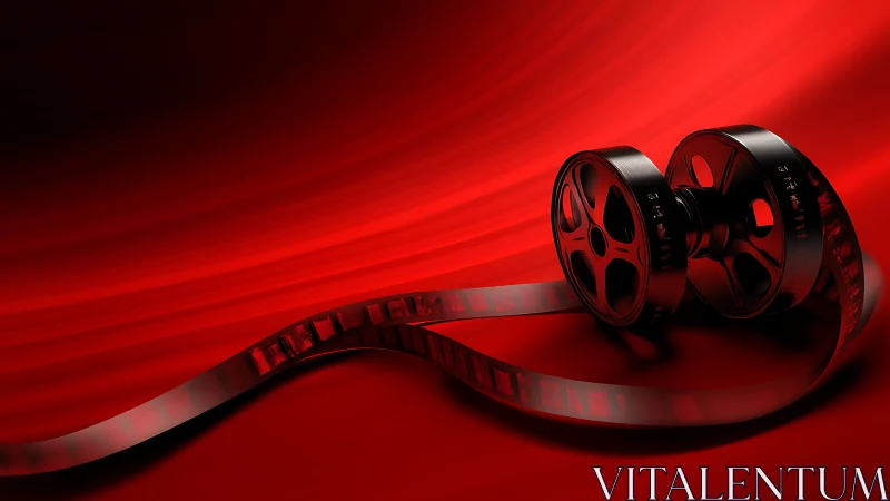 Cinematic film reels on red background, high contrast image.