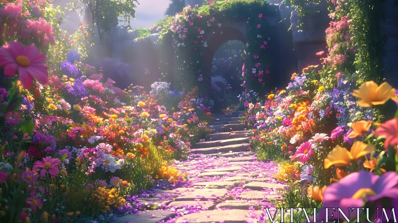 Floral Corridor with Mixed Blooms and Stone Pathway