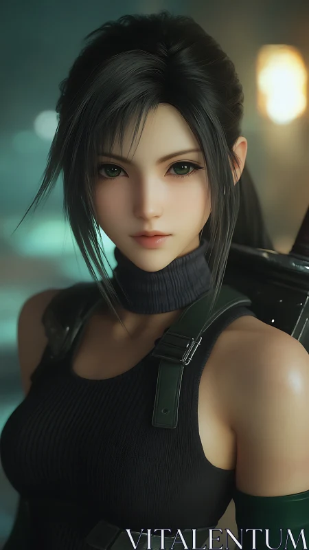 Rendered warrior portrait with soft bokeh and teal highlights.