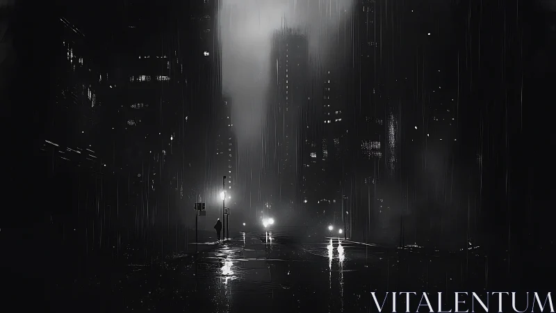 Solitary figure crosses rain-soaked avenue in noir metropolis