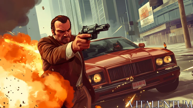 Armed man fires handgun beside exploding car in city street.