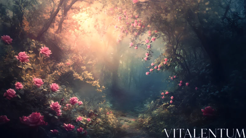Enchanted rose garden bathed in golden sunlight through misty forest.