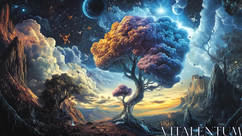 Celestial dream tree rises over surreal cosmic cliffs at dusk