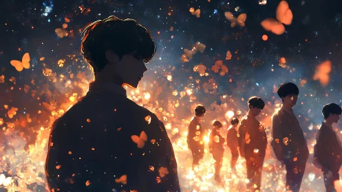 Soft silhouettes wander through glowing night of butterflies