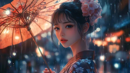 Elegant woman beneath lantern-lit rain gazes with quiet longing