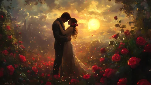 Couple Embracing in Golden Rose Garden at Sunset.