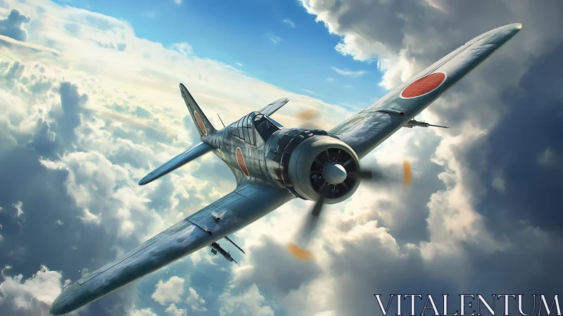 Single propeller warplane cuts through sunlit cumulonimbus cloudbank