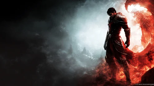 Fire warrior against spectral dragon in burning void.