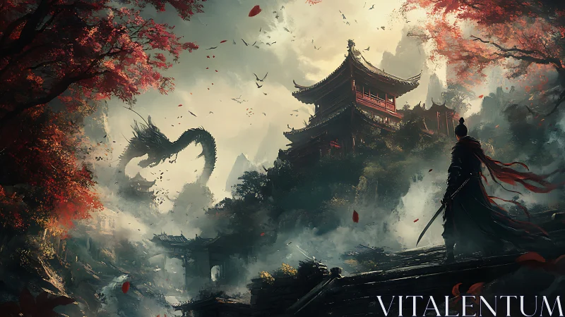 Samurai confronts mountain temple dragon in autumn mist.