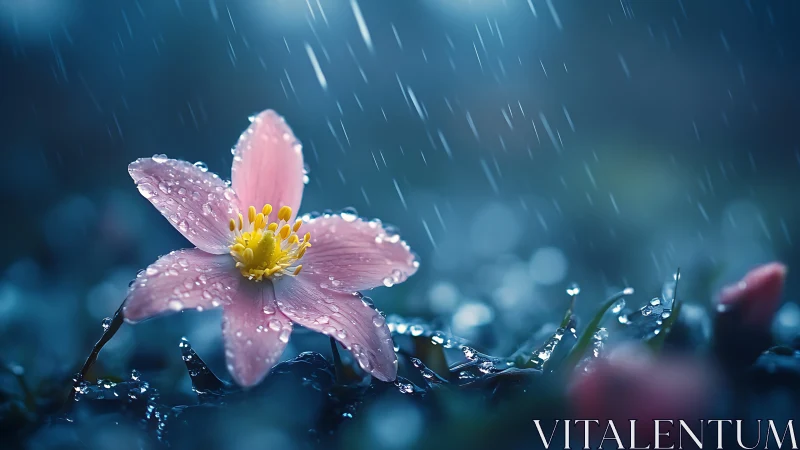 Pink anemone flower under rainfall with precise water droplet capture.