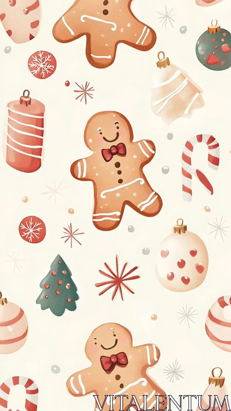 Gingerbread cookies and ornaments form repeating holiday pattern.