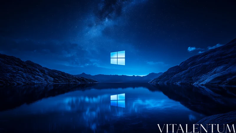 Midnight lake portal glows beneath a starry digital sky.