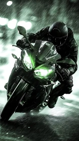 Motorcycle rider in rain with green headlight illumination.