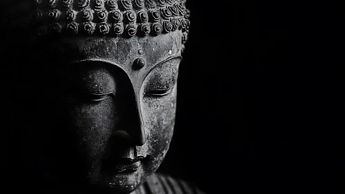 Monochrome Buddha statue portrait in dramatic shadow.