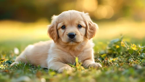 Golden puppy relaxing in soft evening garden light.