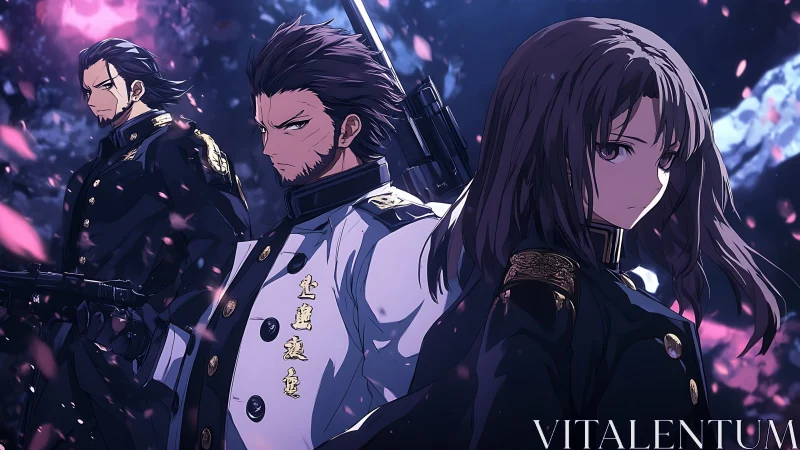 Three determined officers stand united beneath falling petals