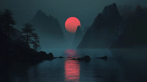 Crimson sun descends behind misted fjord peaks in digital chiaroscuro