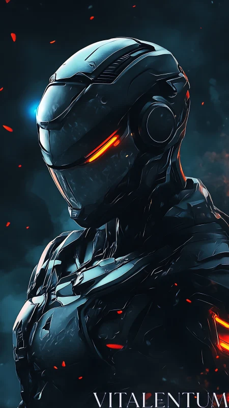 Futuristic armored android stands ready in glowing embers