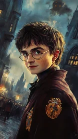 Young wizard’s quiet courage in a stormy spellbound night.