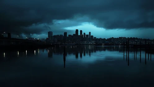 Moody waterfront skyline glows beneath deep storm clouds