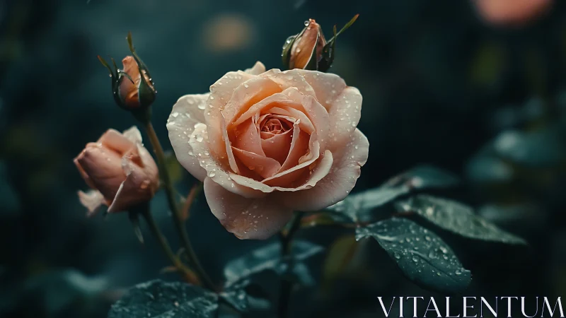 Peach-Toned Rose Bud With Hydrophobic Droplets and Emerging Florets