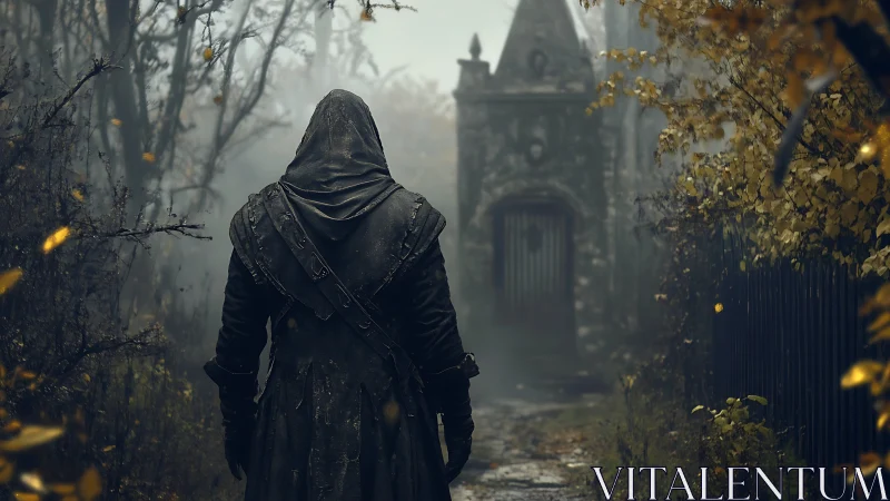 Hooded wanderer approaches fogbound gothic mausoleum gate.