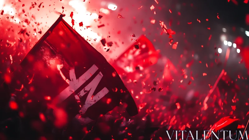 Red flags and confetti in dense stadium celebration scene.