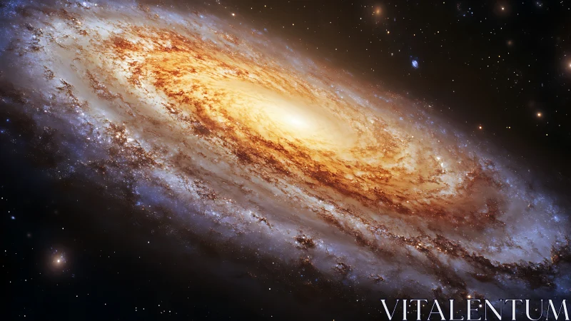 Spiral galaxy core with bright dust lanes in space.