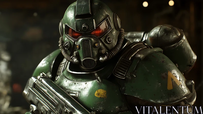Armored wasteland sentinel with crimson visor glare stands poised.