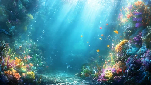 Sunlit coral reef canyon with vibrant tropical fish life.