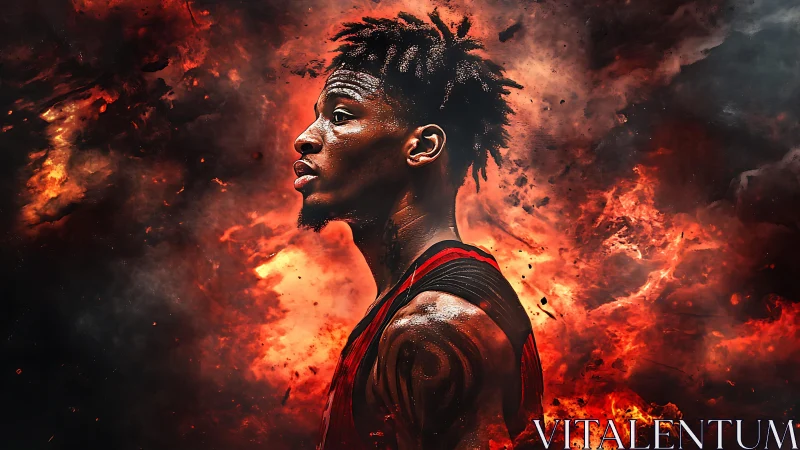 Fiery digital portrait of basketball player in profile view.