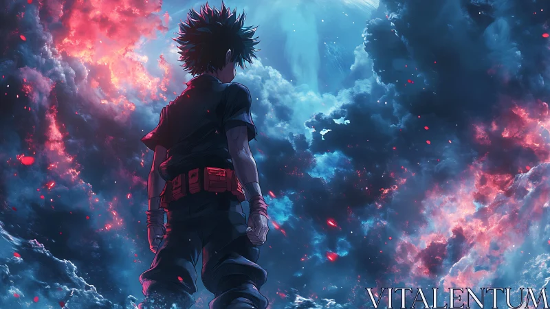 Stormlit anime wanderer staring into a shattered sky.