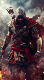 Hooded armored warrior advances through smoke and embers