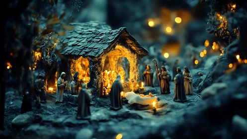 Nativity miniature glowing with warm candlelit reverence.
