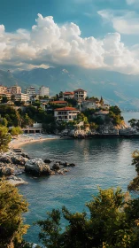 Coastal settlement and beach cove viewed across calm water