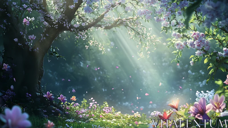 Backlit blossom canopy forms volumetric light over floral meadow