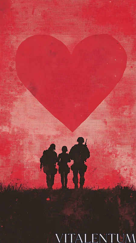 Silhouetted soldiers stand beneath luminous red heart symbol against textured background