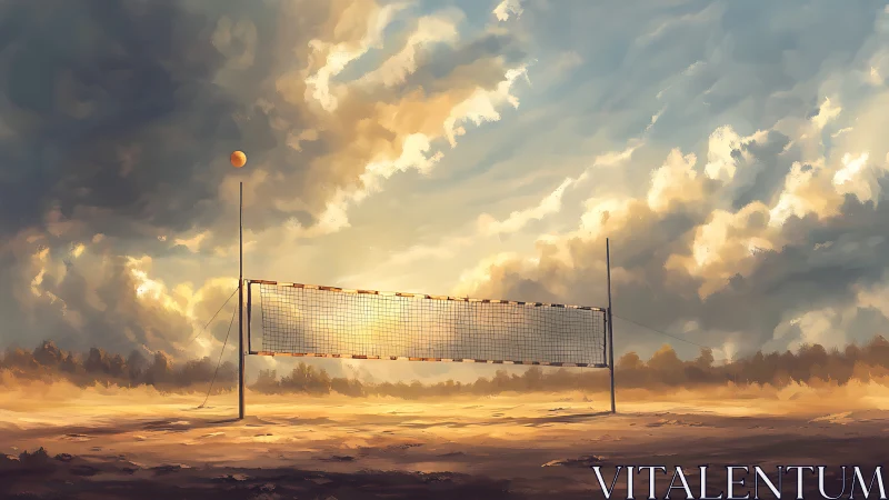 Lonely sunset volleyball net awaiting the sky&rsquo;s next serve.