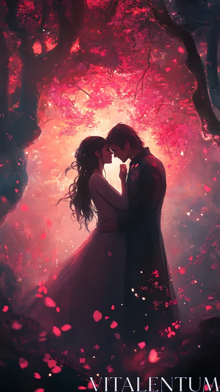 Luminescent Romance: Digital Embrace in Bioluminescent Forest.