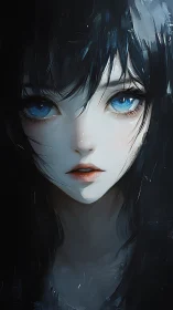 Gazing girl with luminous blue eyes meets the quiet night