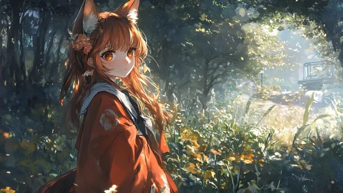 Fox-eared girl in sunlit forest glade rendered in painterly anime