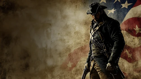 Armed colonial soldier before worn American flag background.