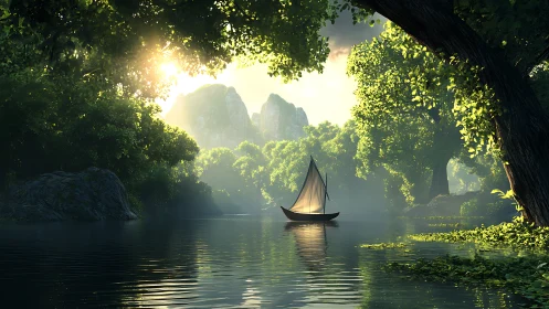 Sunlit sailboat drifting through tranquil forest river.