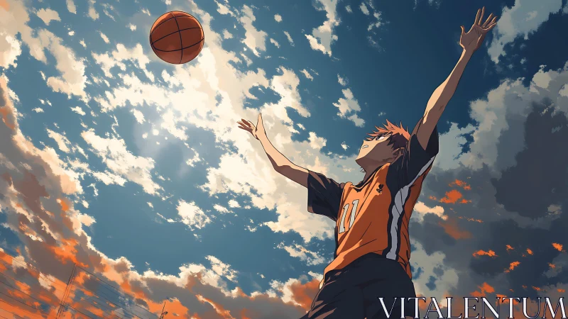 Basketball player beneath expansive clouded evening sky.
