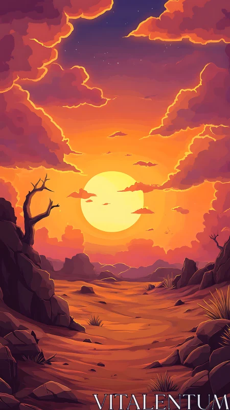 Desert canyon sunset with stylized sun and rocky foreground.