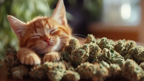 Ginger Cat Rests Against Delicate Botanical Foliage Structure.