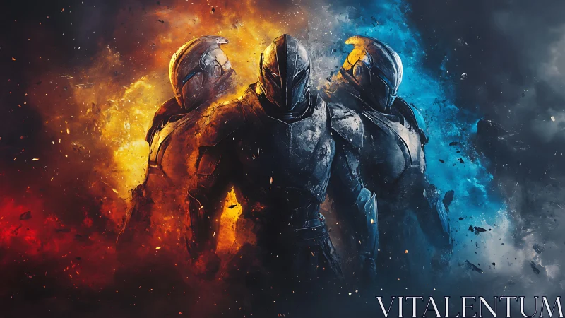 Triad of armored space knights amid bifurcated firestorm
