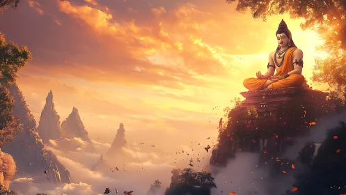 Serene golden Buddha overlooks misty mountain valley at dawn